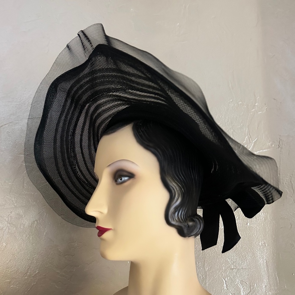 Stunning 1940's Black Crin See-Through Wide Brim Hat View 3